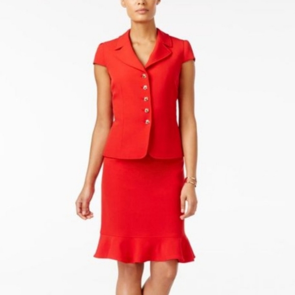 Tahari Dresses & Skirts - NWT Tahari ASL Red Blazer Jacket Cap Sleeves & Ruffle Skirt Suit Set size 4P
